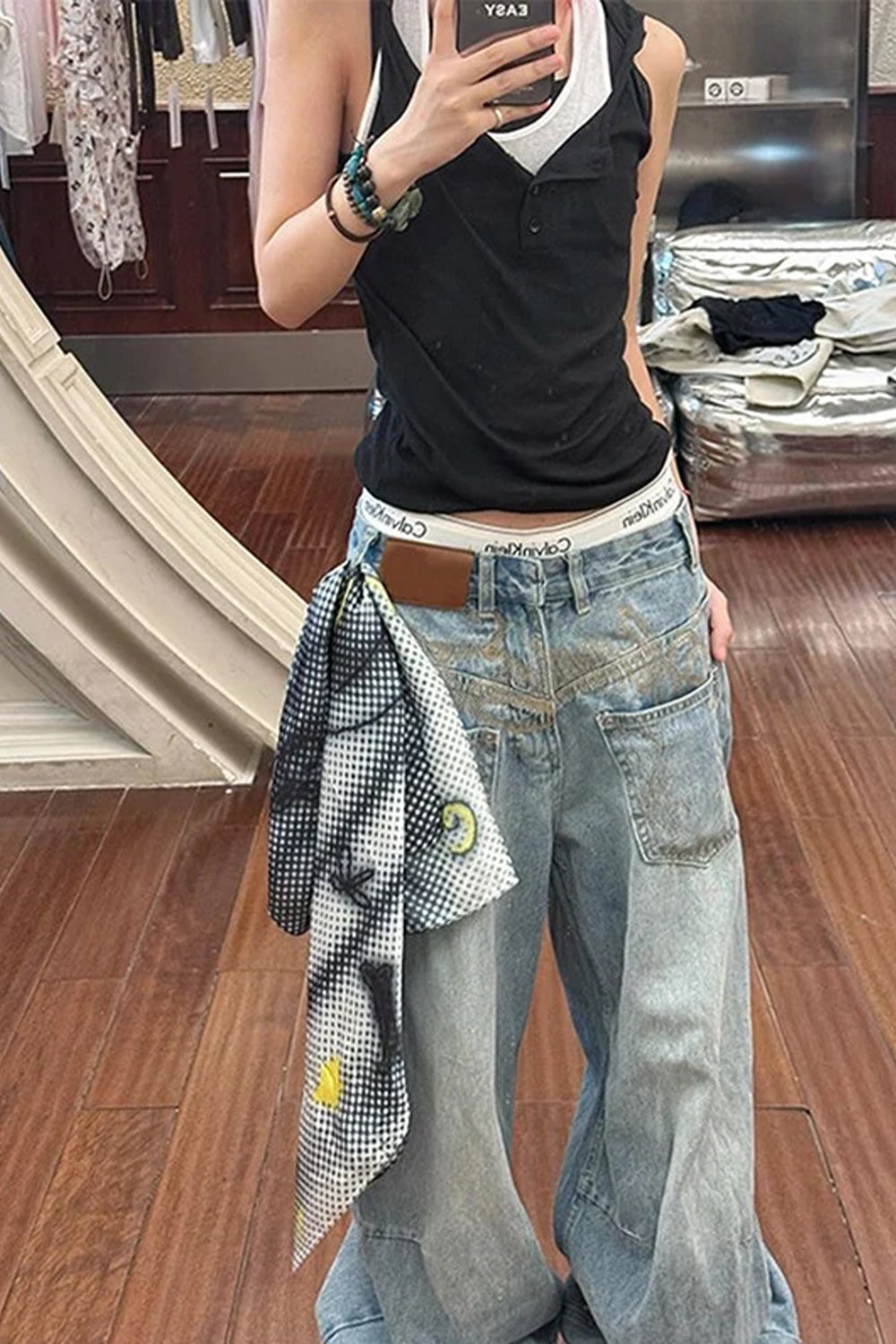 Loose Unique Front Pockets Wide Leg Jeans Pants