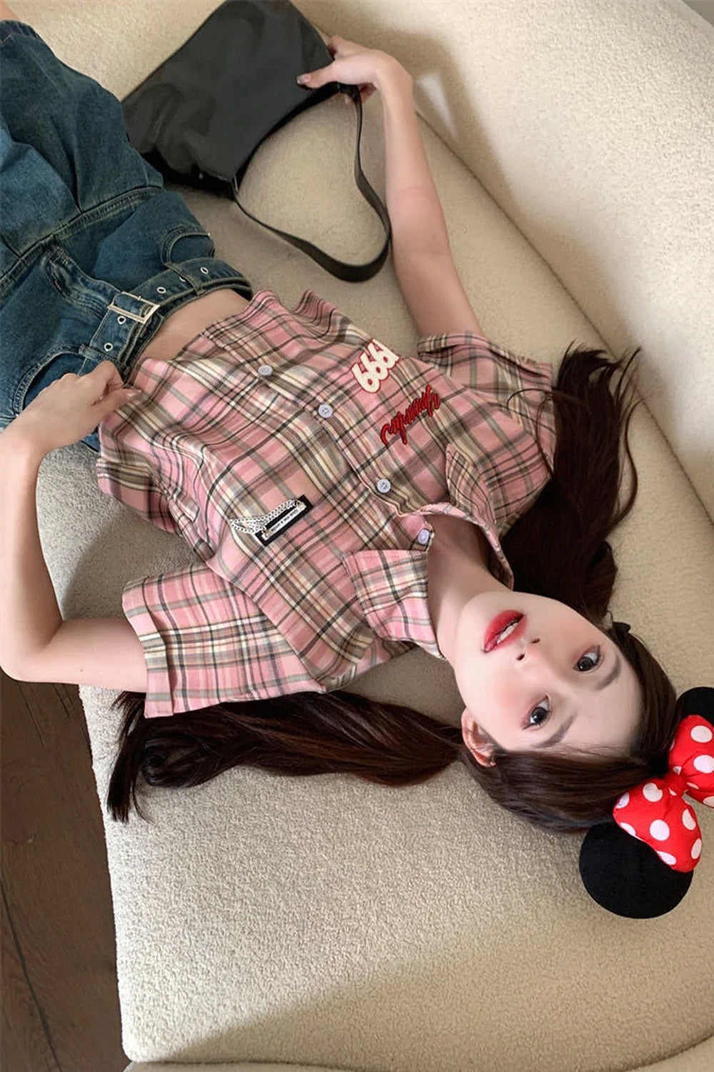 Short Sleeve Retro Plaid Cute Cropped Blouse Shirt