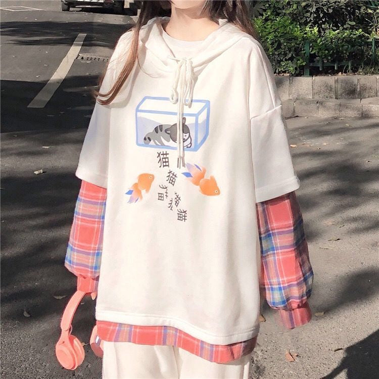 Cat and Fish Aquarium Printed Fake Two Plaid Combine Shirt