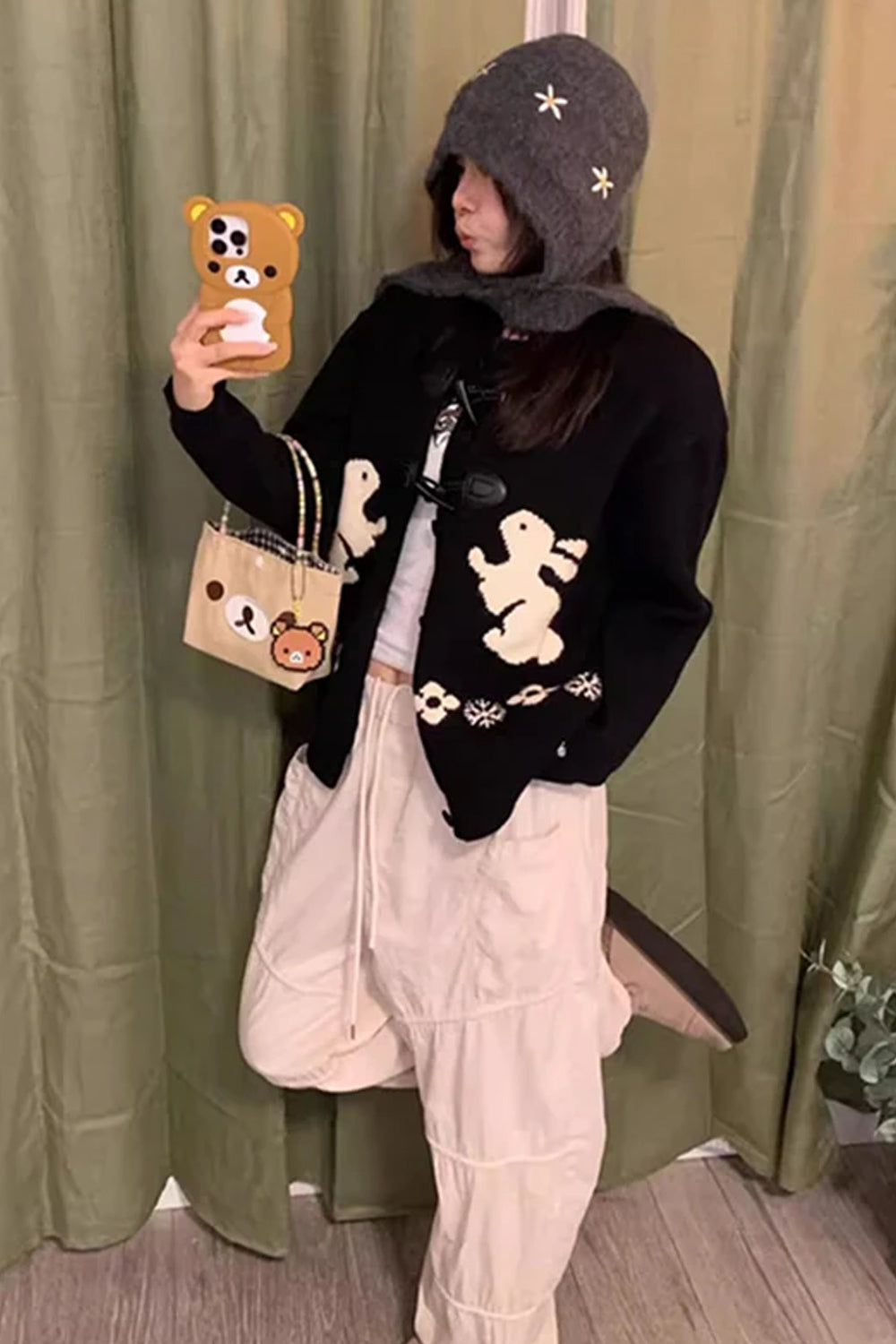 Long Sleeve Cute Rabbit Pattern Knitted Cardigan Sweater