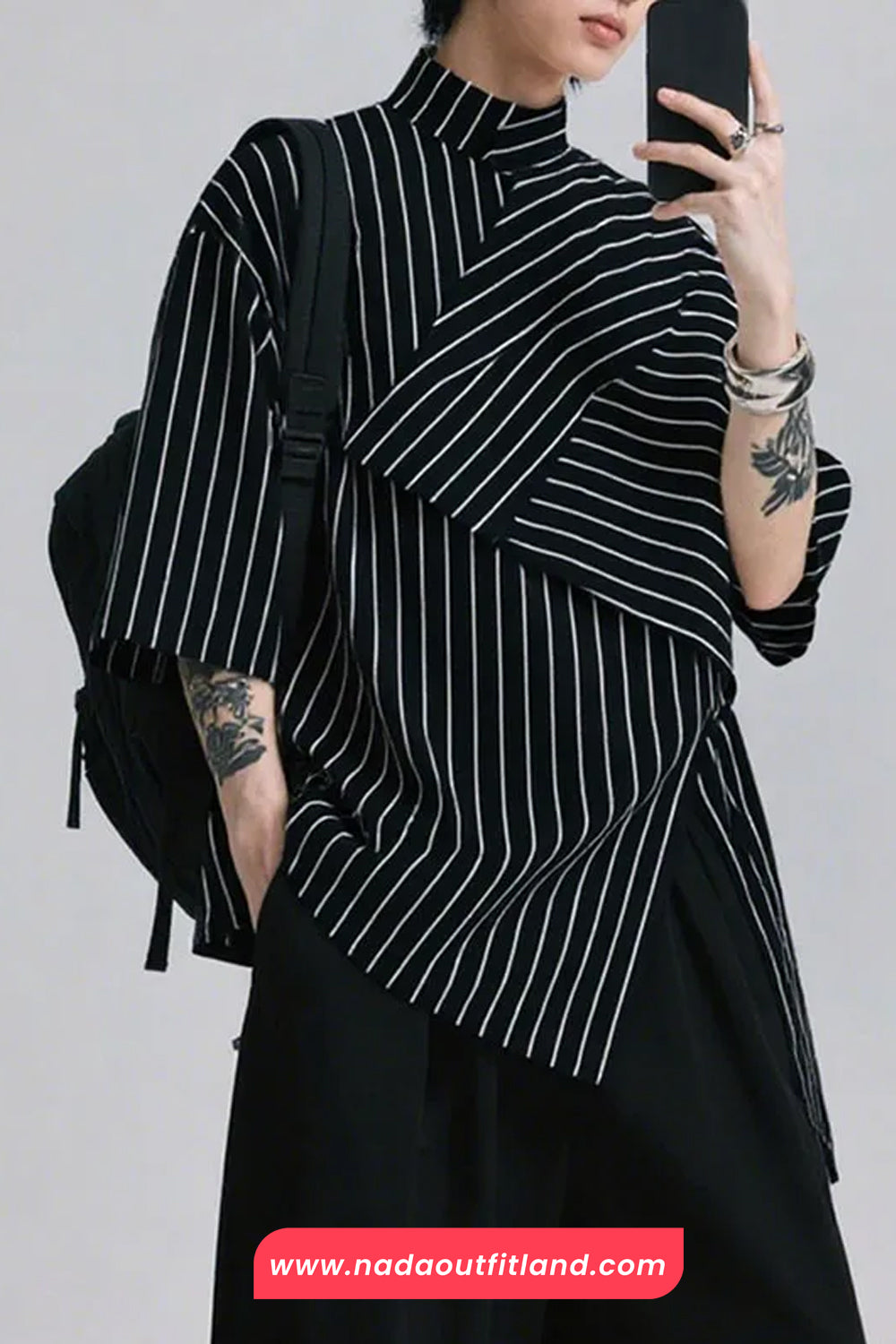 Loose Striped Three Quarter Sleeve Irregular Men Blouse Shirts
