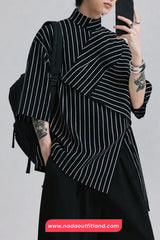 Loose Striped Three Quarter Sleeve Irregular Men Blouse Shirts