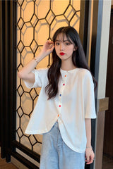 Colorful Buttons Short Sleeve Irregular Shirt