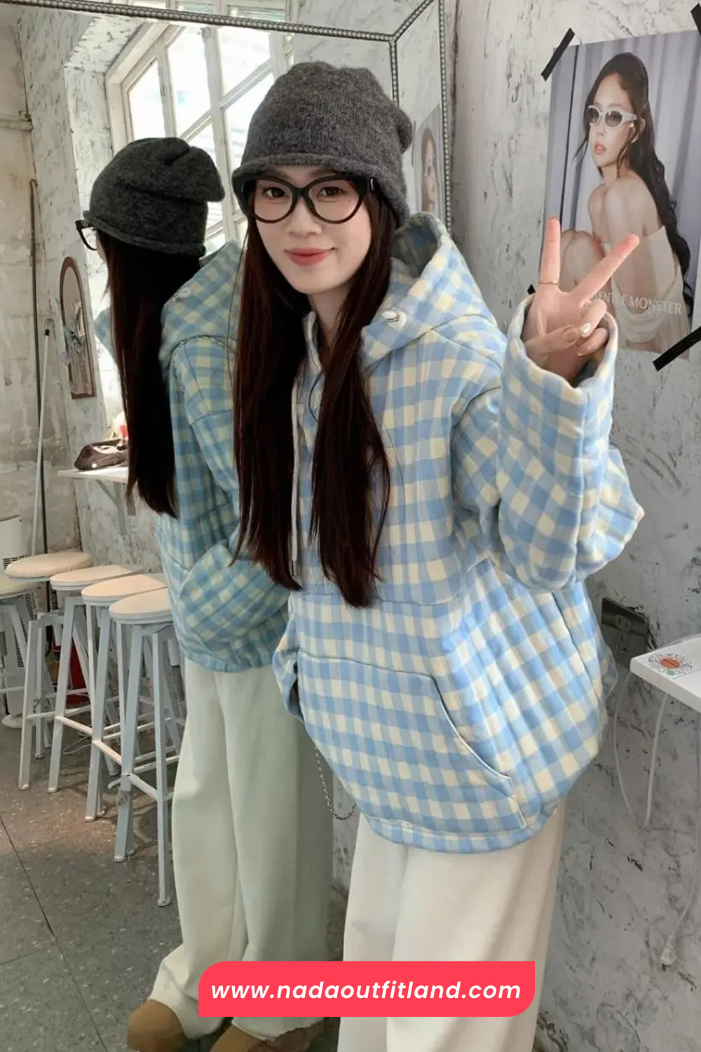 Long Sleeve Blue Plaid Hooded Puffer Coat Jacket