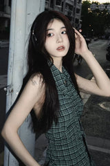 Sexy Turn Down Collar Plaid Sleeveless Crop Tops
