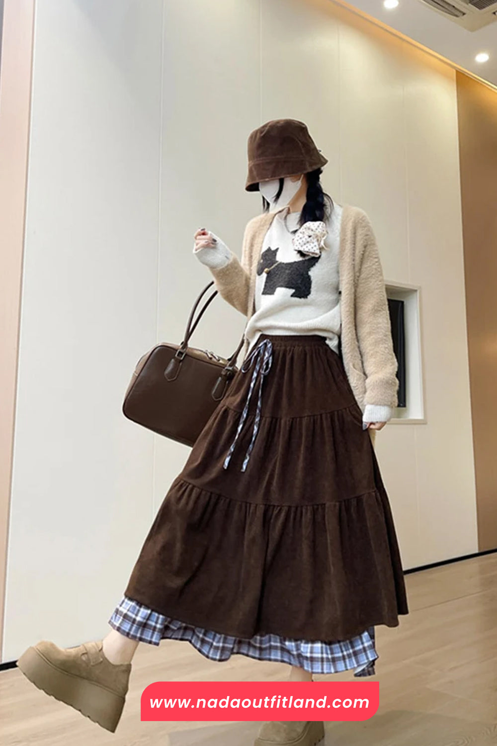 High Waist Retro Plaid Patchwork Corduroy Fake Two Long Skirts