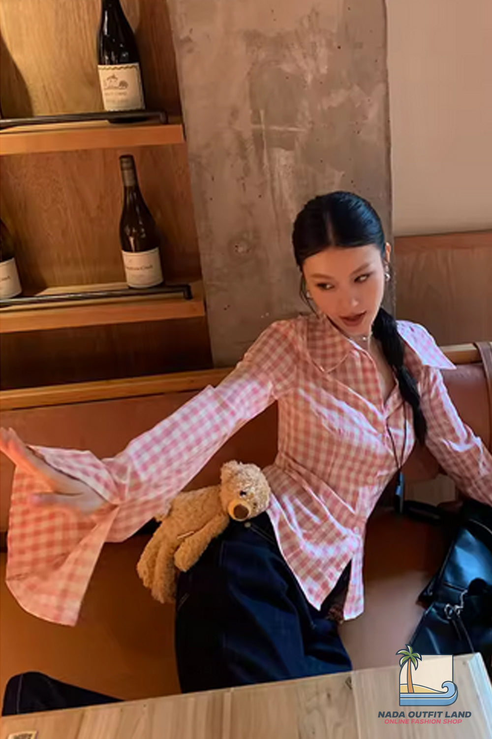 Flare Sleeve Turn Down Collar Pink Plaid Blouse Shirt