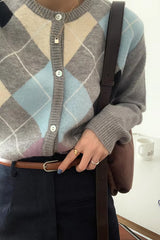 Round Neck Argyle Pattern Cardigan Sweater