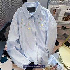 Long Sleeve Flowers Embroidered Striped Blouse Shirt