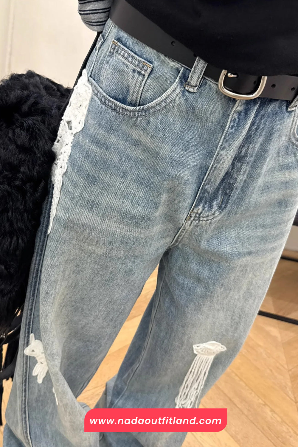 High Waist Loose Vintage Lace Embroidered Jeans Pants