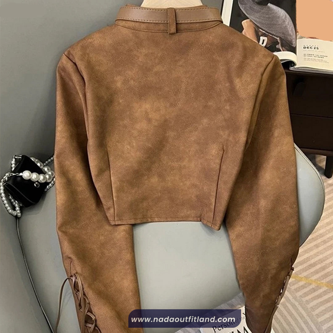Long Sleeve Belted Neck Brown Leather Cropped Jacket