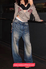 High Waist Metal Rivet Washed Jeans Pants