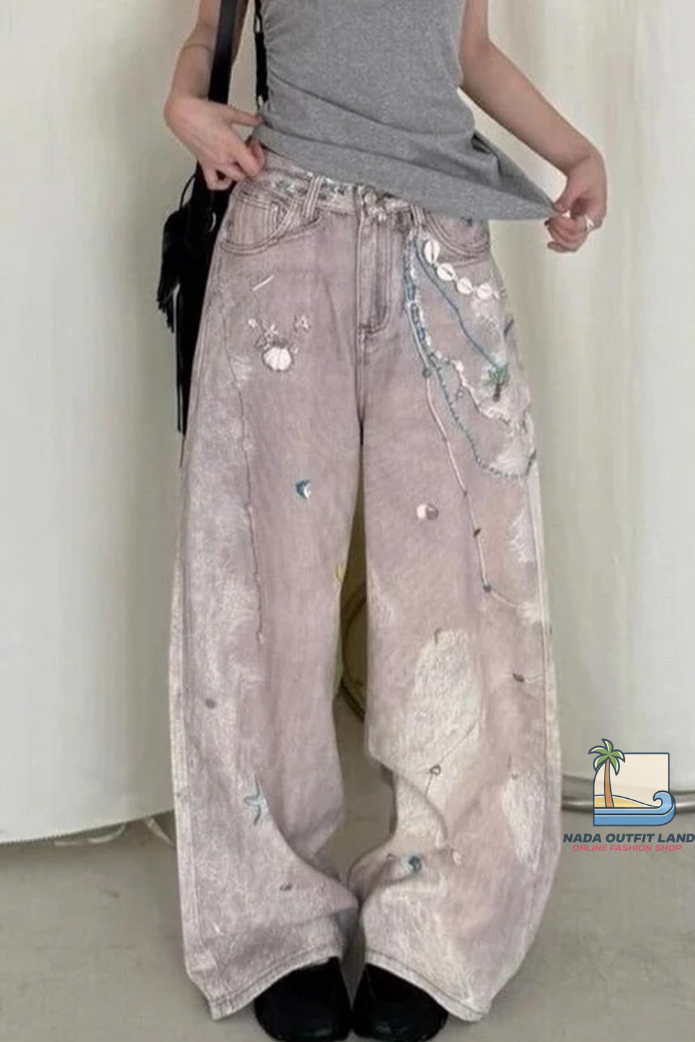 Loose Sea Theme Pattern Pink Denim Long Pants