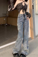 High Waist Lace Butterfly Pattern Jeans Pants