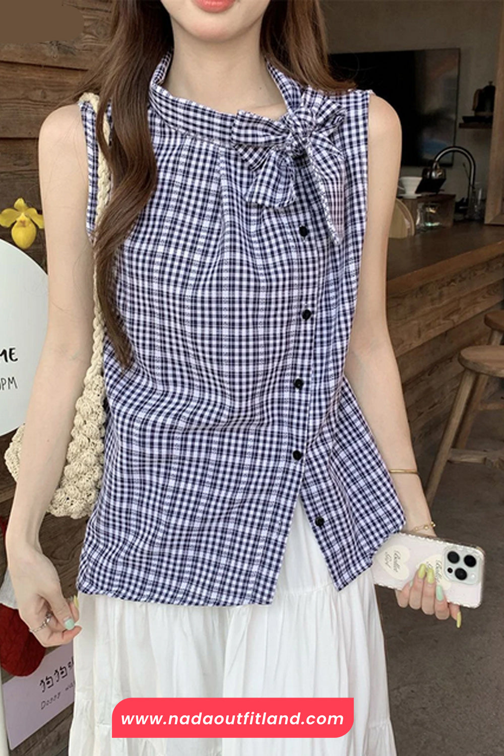 Sleeveless Vintage Plaid Elegant Bow Blouse Shirt