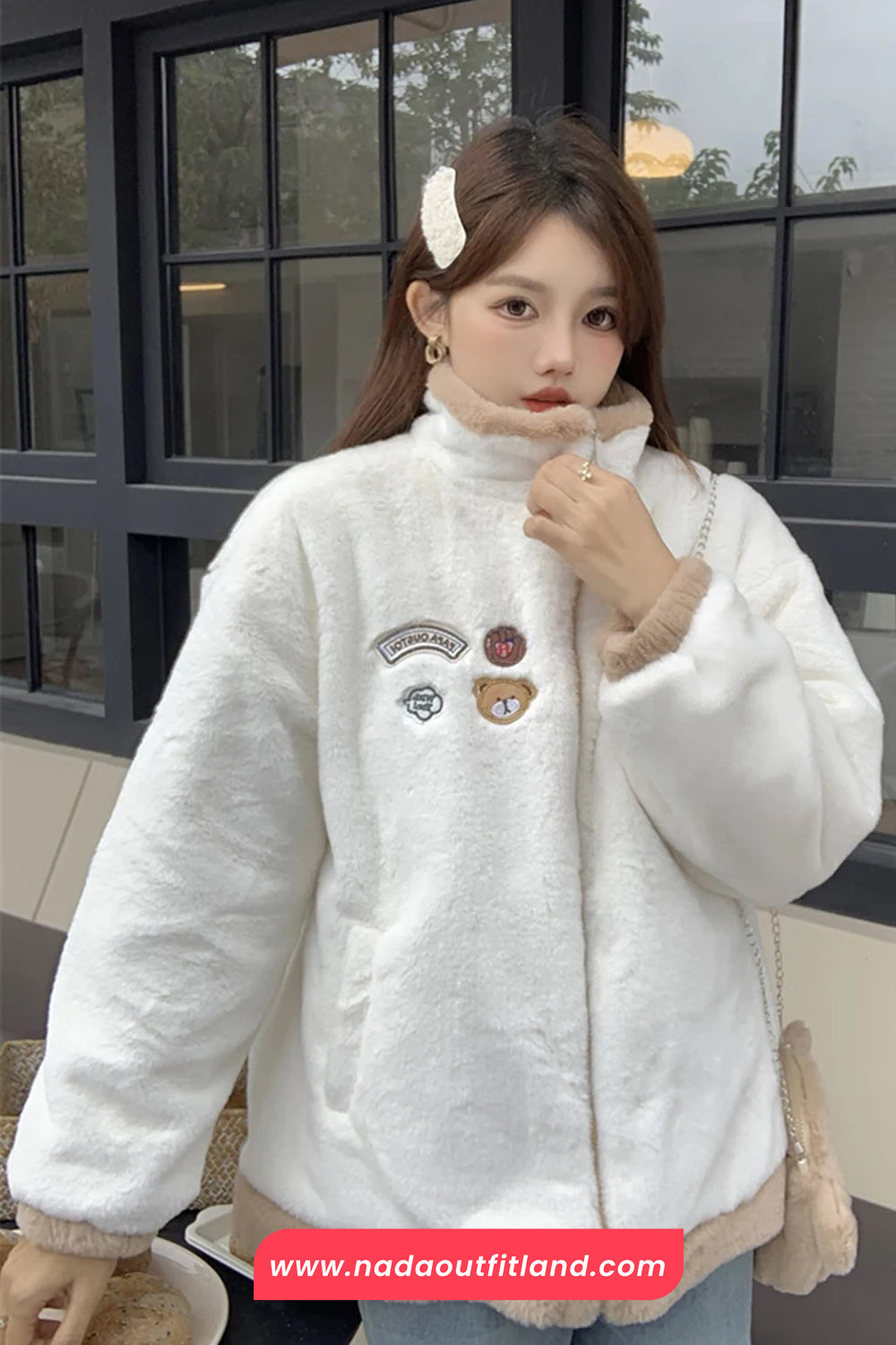 Loose Stand Neck Cute Bear Embroidered Zipper Jacket