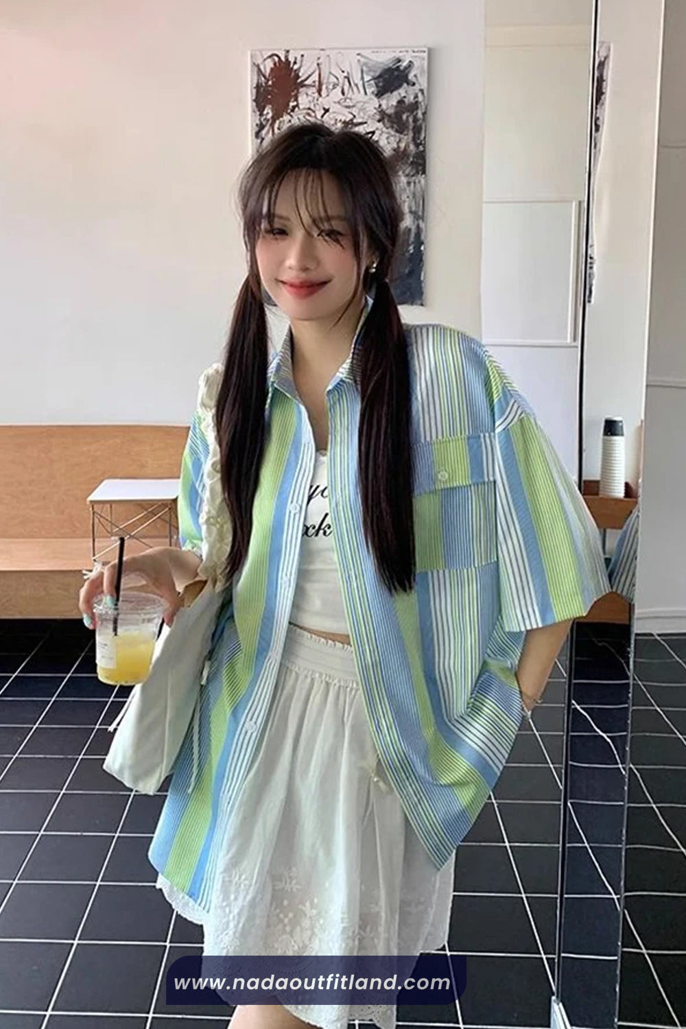 Short Sleeve Retro Green and Blue Striped Blouse Shirt