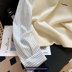 Long Sleeve Knitted Fake Two Striped Blouse Shirts