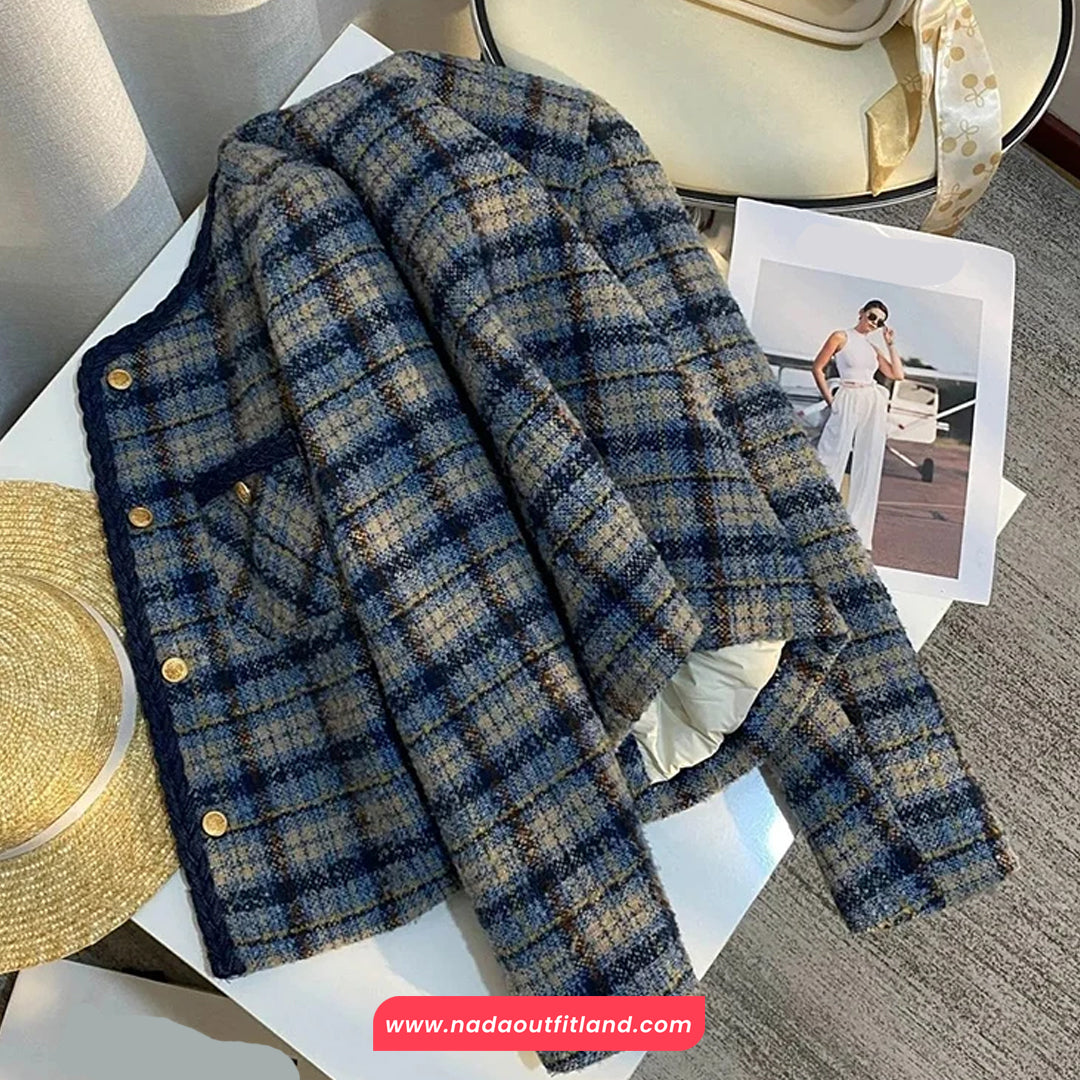 Long Sleeve Retro Elegant Plaid Tweed Jacket