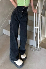 High Waist Extend Button Black Jeans Pants
