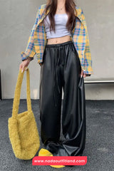 High Waist Loose Elastic Black Leather Women Pants