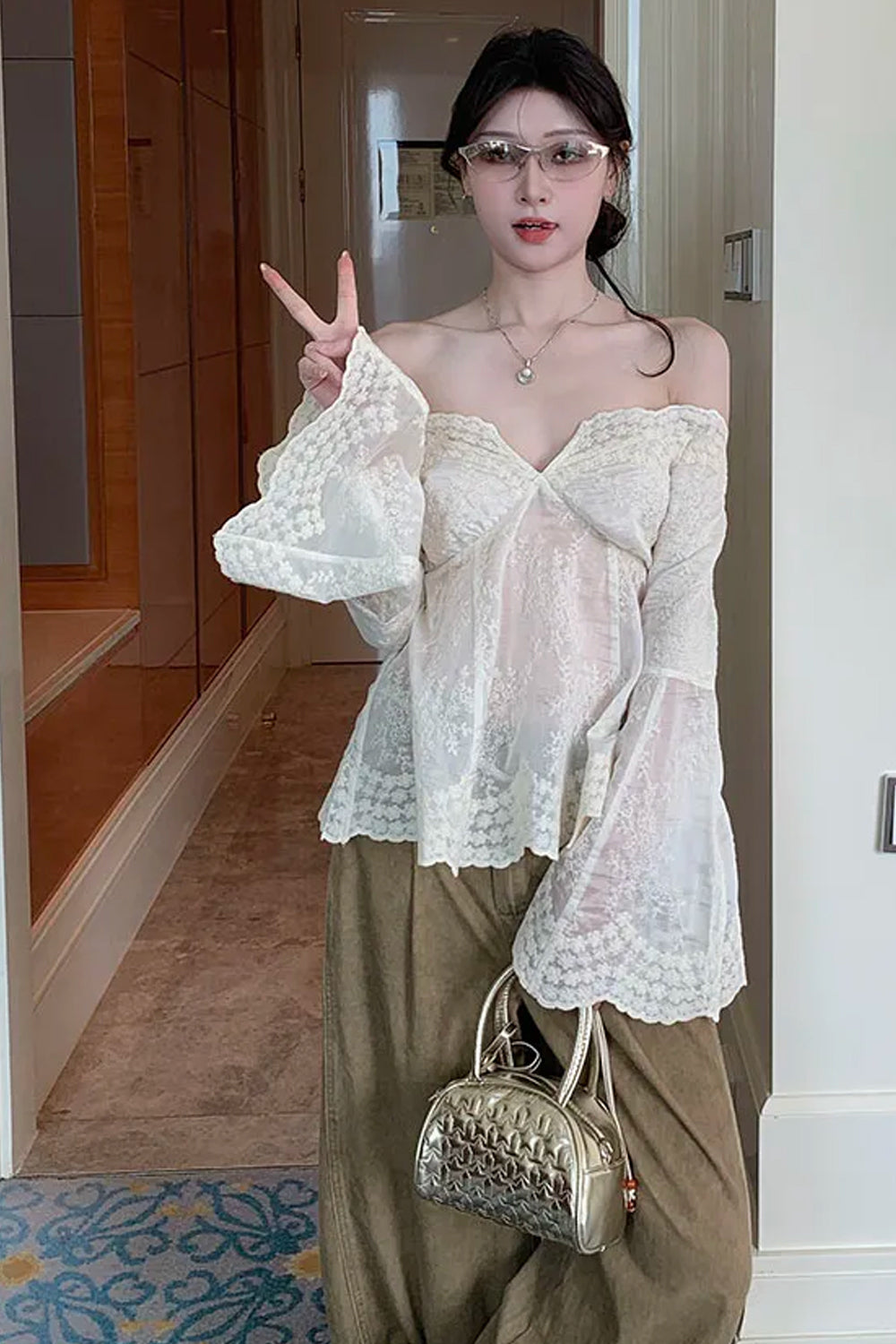 Sexy Flare Sleeve Floral Embroidered Cropped Transparent Shirt