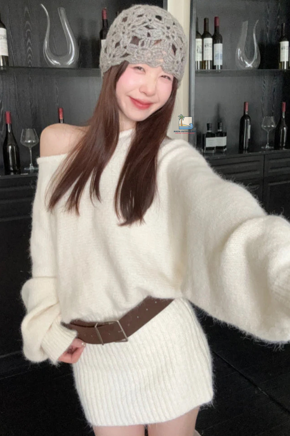 Long Sleeve Off Shoulder Knitted Belt Mini Dress