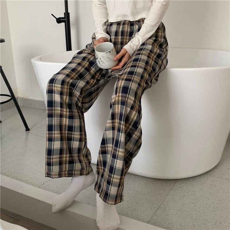 High Waist Plaid Colors Loose Pants