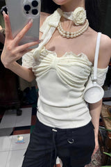 Sexy Cute Slash Neck Lace Bow Crop Tops
