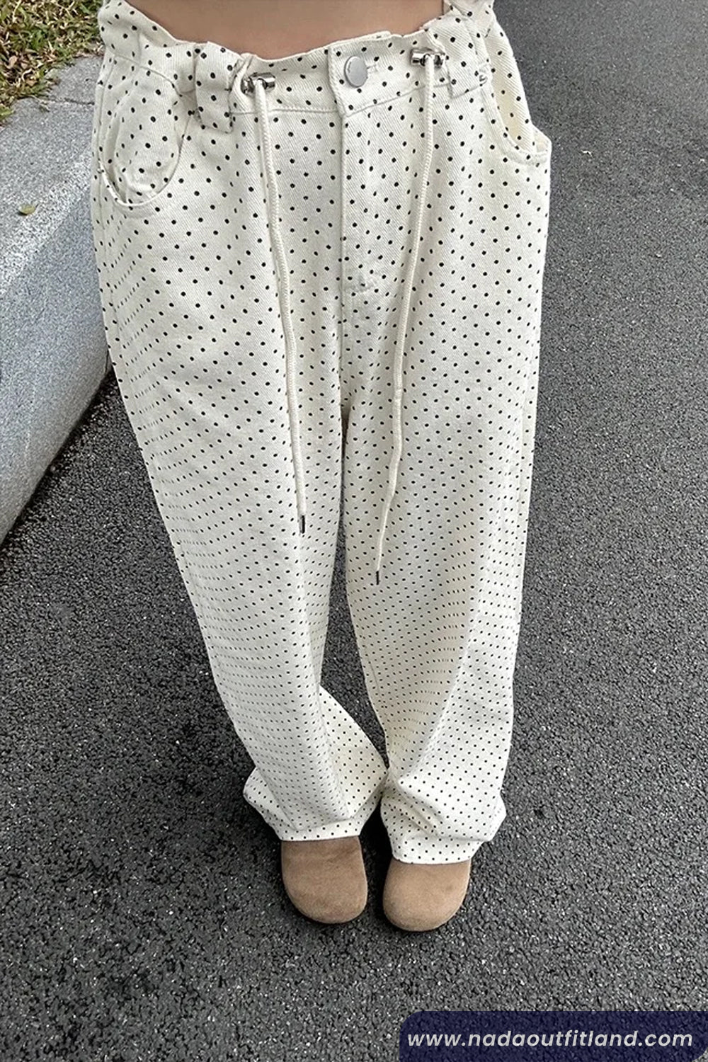 High Waist Dots Pattern White Jeans Pants