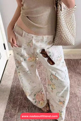High Waist Front Pockets Floral Pattern White Jeans Pants
