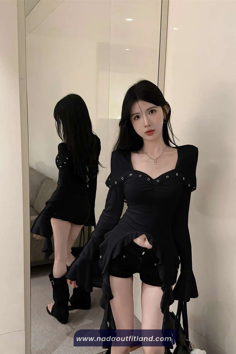 Long Sleeve Square Collar Ruffled Sexy Cropped Shirt