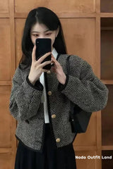 Long Sleeve O-Neck Striped Short Cardigan Sweater