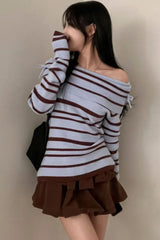 Sexy Slash Neck Striped Cute Bow Knit Sweater