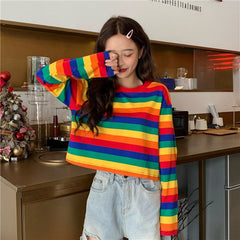 Long Sleeve Cute Rainbow Striped Shirt