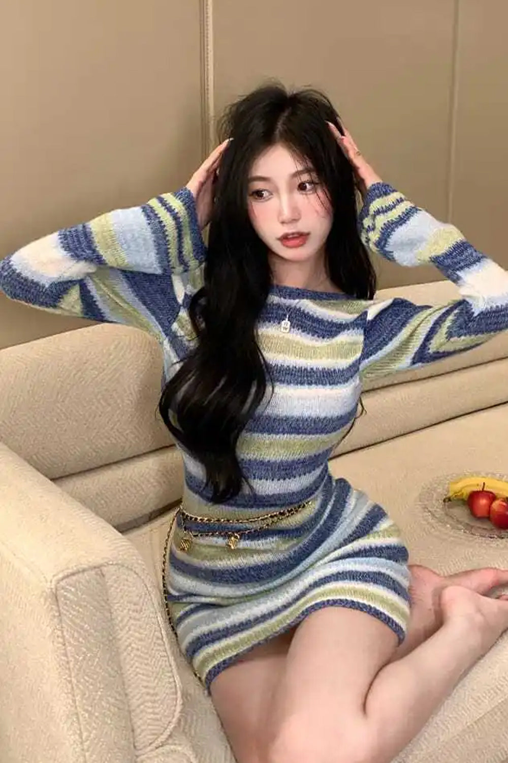 Long Sleeve Striped Knitted Backless Midi Dress