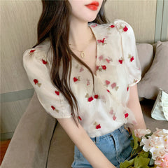 V-Neck Rose Pattern Double Mesh Blouse Shirt