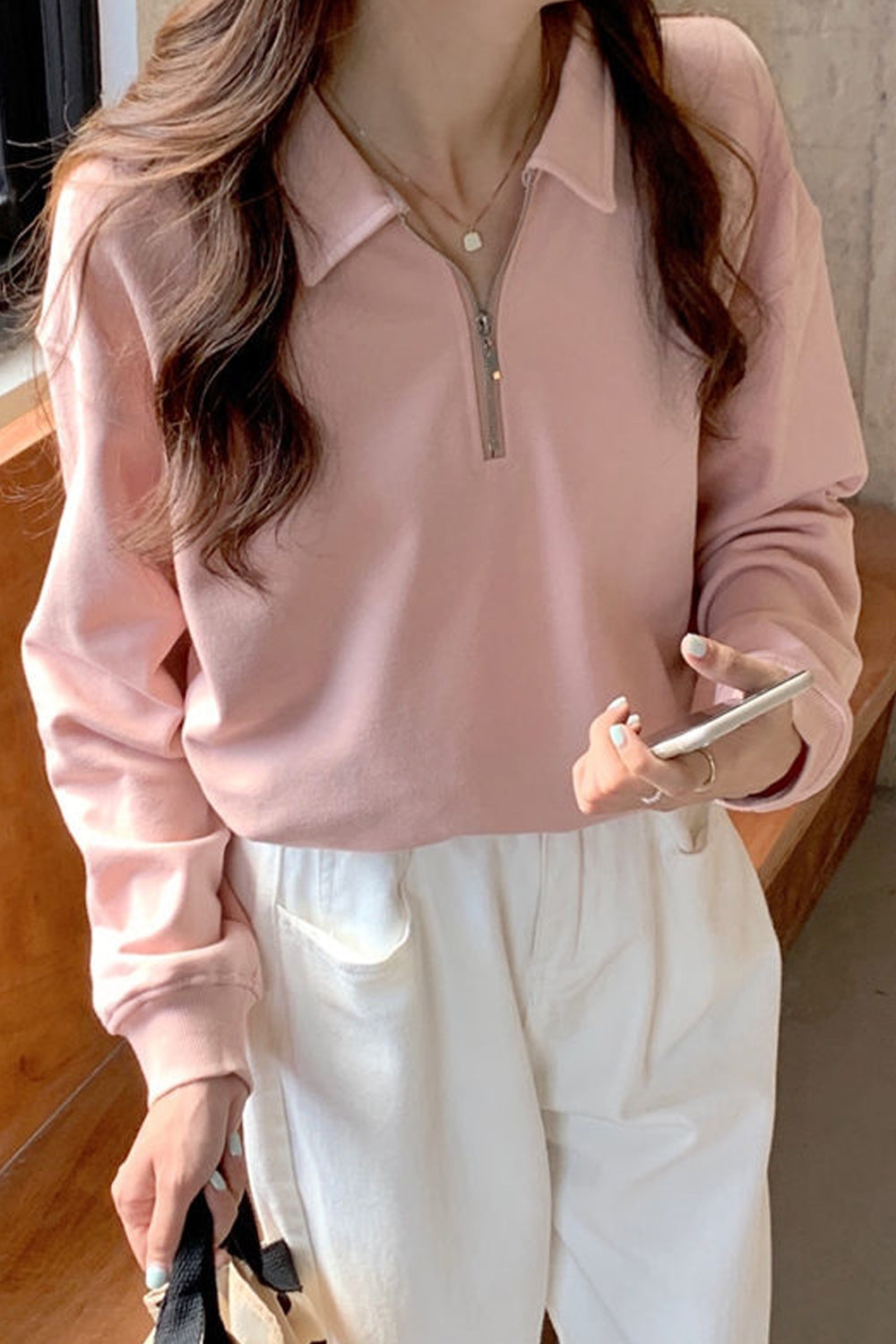 Long Sleeve Turn Down Collar Zipper Sweatshirt