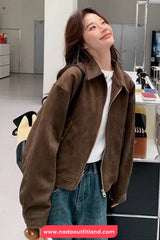 Long Sleeve Turn Down Collar Retro Dark Brown Jacket