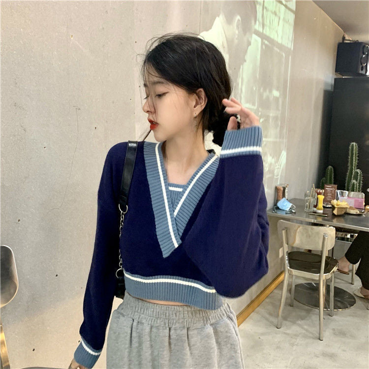 V-Neck Retro Panelled Cropped Sweater