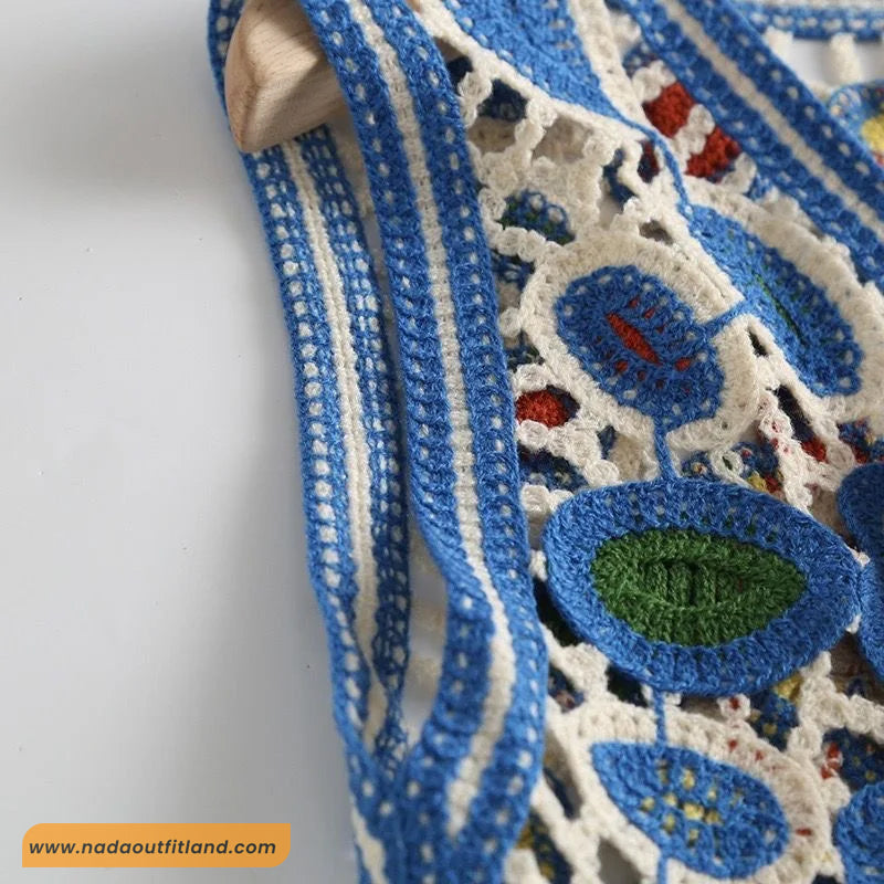 Sleeveless Floral Embroidered Blue Crochet Vest Sweater