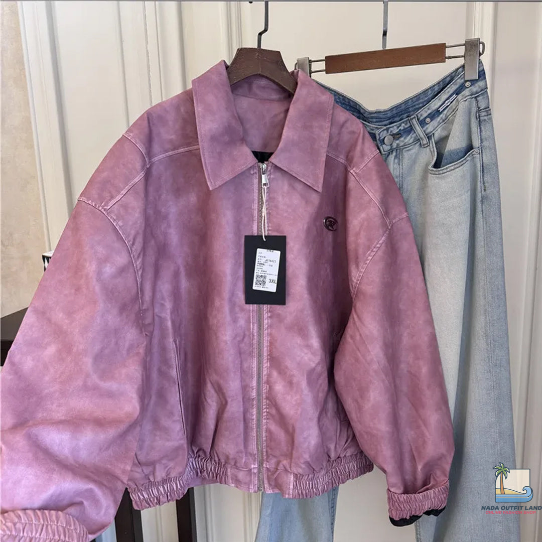 Loose Lapel Collar Pink Matte Zipper Jacket