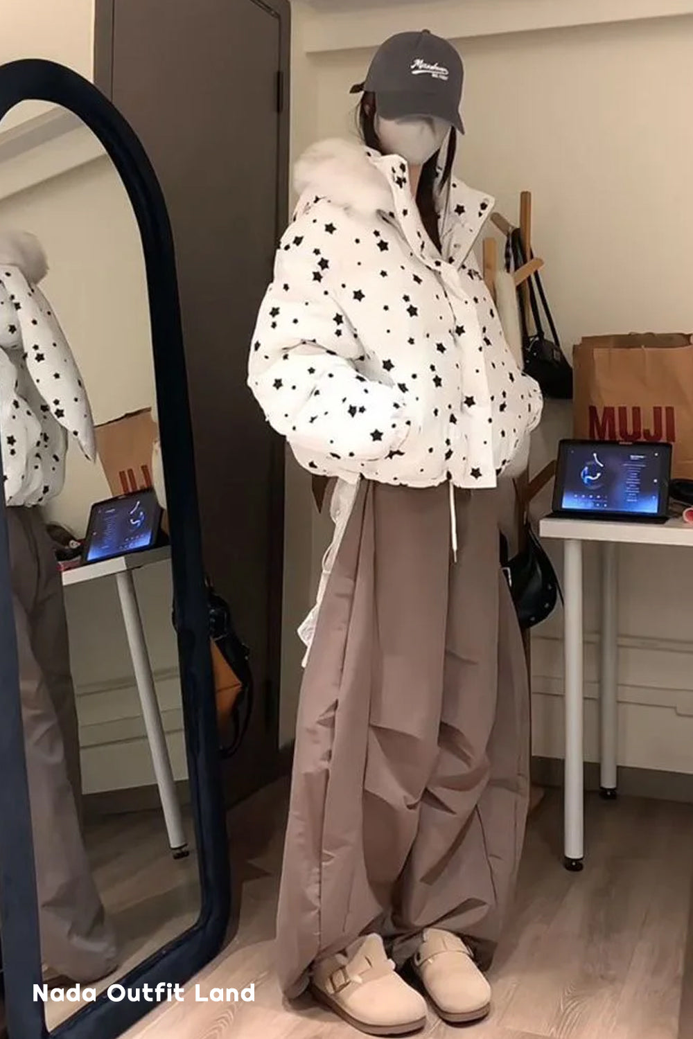 Retro Stars Pattern Cute Rabbit Ears Hooded Parkas Jacket