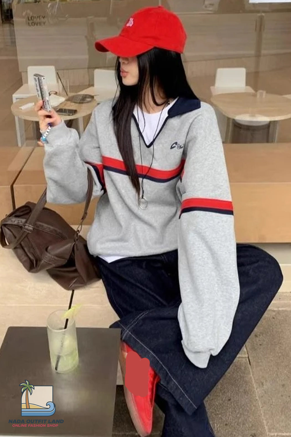 Long Sleeve Grey Striped Pattern Lapel Collar Retro Sweatshirt