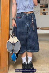 Loose Calf Length Blue Striped Jeans Pants