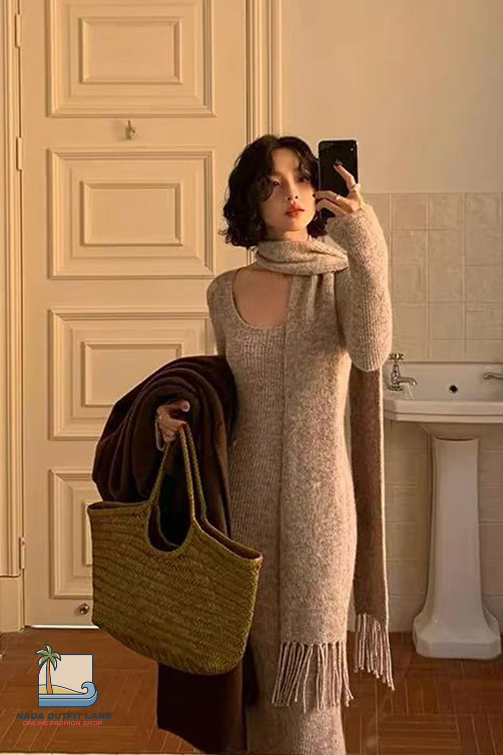 Long Sleeve Vintage Kniited Slim Fit Dress With Scarf