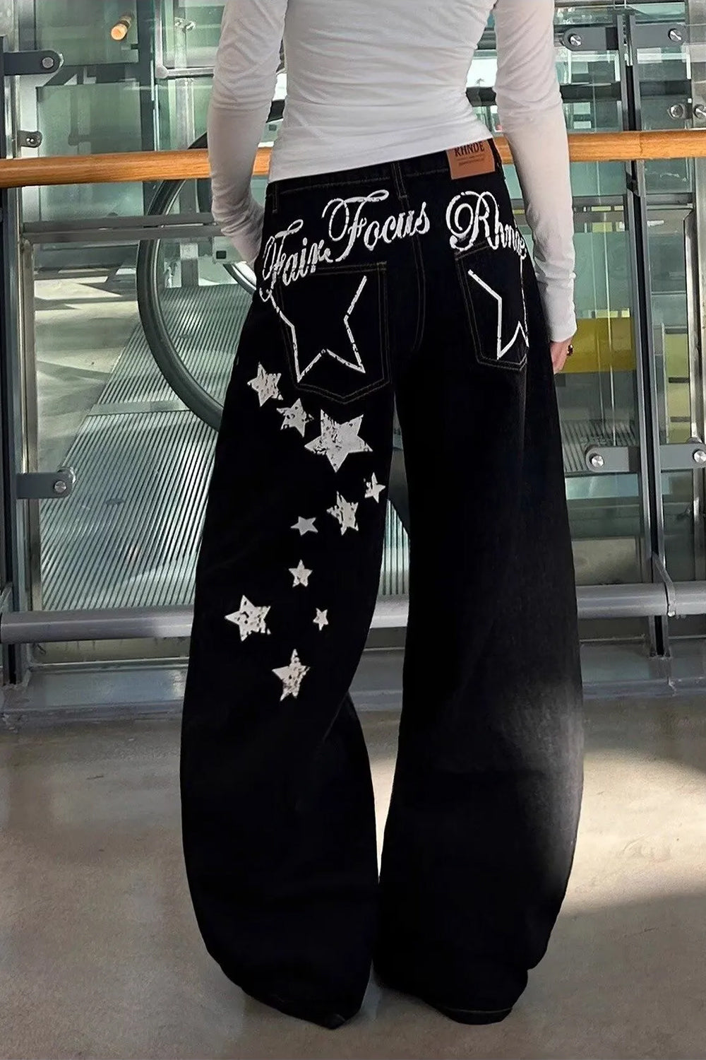 Loose Stars Pattern Back Printed Black Jeans Pants