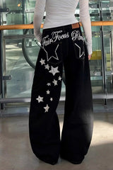 Loose Stars Pattern Back Printed Black Jeans Pants