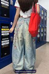 High Waist Cute Cartoon Printed Jeans Pants