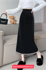 High Waist Sweet Pearl Velvet Slit Cut Skirts